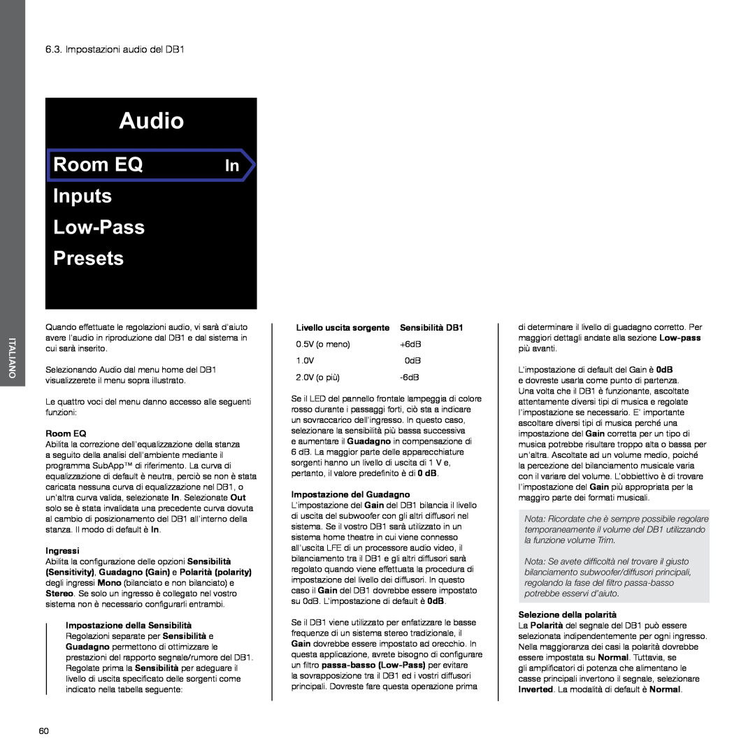 Bowers & Wilkins manual Impostazioni audio del DB1, Ingressi, Livello uscita sorgente, Impostazione del Guadagno, Audio 