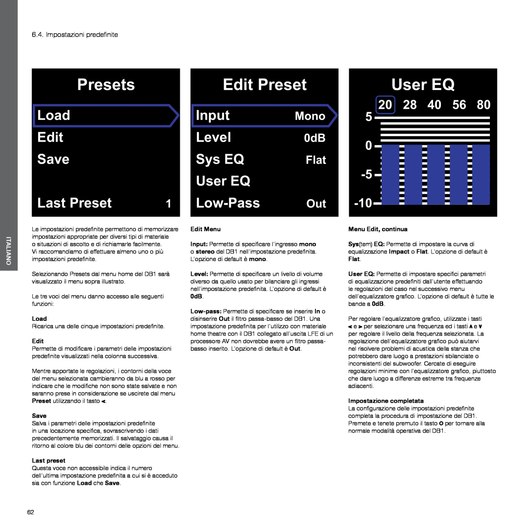 Bowers & Wilkins DB1 Impostazioni predefinite, Last preset, Menu Edit, continua, Impostazione completata, Presets, User EQ 