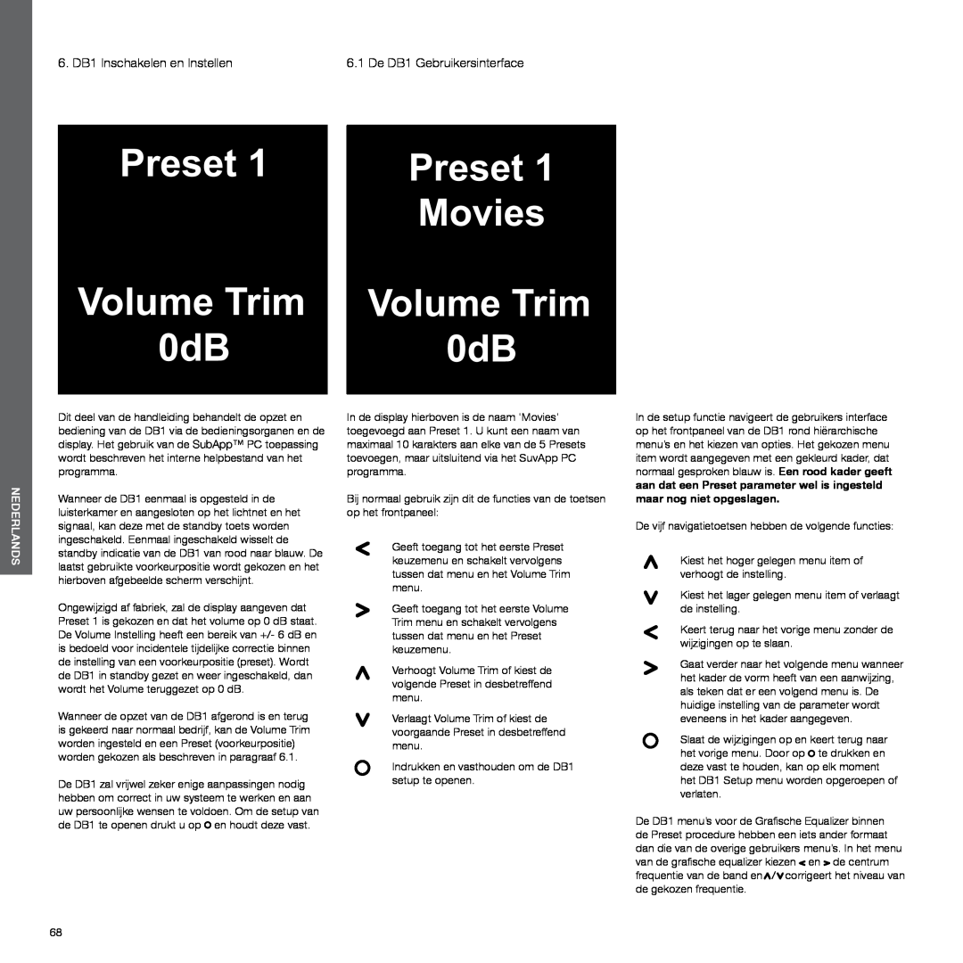 Bowers & Wilkins manual 6. DB1 Inschakelen en Instellen, Preset Movies Volume Trim 0dB, Nederlands 