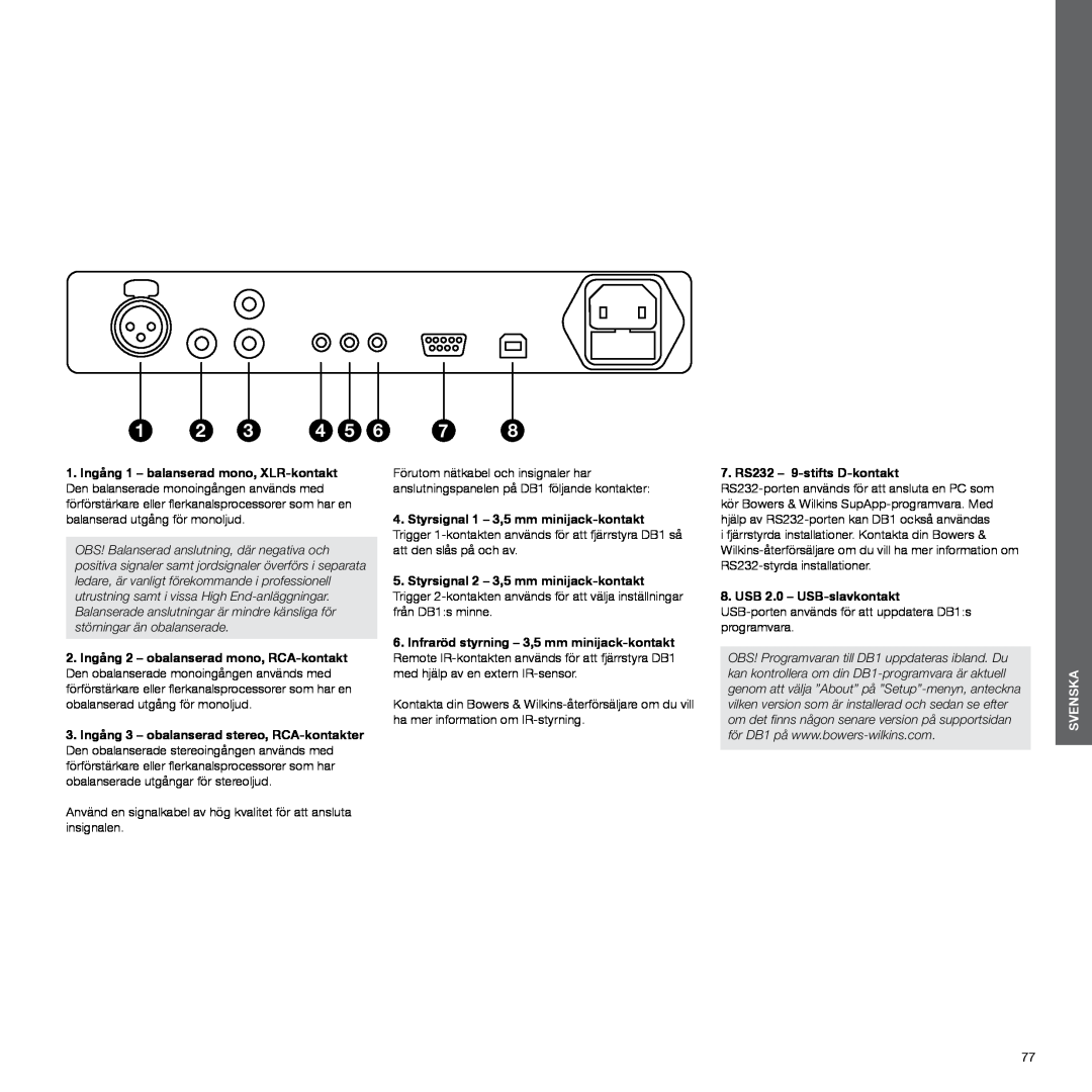 Bowers & Wilkins DB1 manual Använd en signalkabel av hög kvalitet för att ansluta insignalen, Svenska 