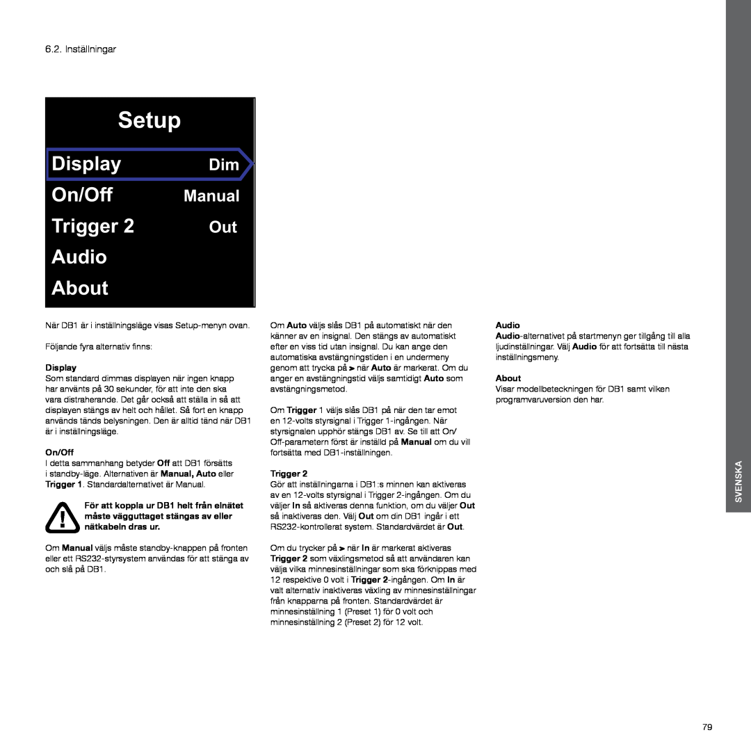 Bowers & Wilkins DB1 manual Inställningar, Setup, Display, On/Off, Trigger, Audio, About, Manual, Svenska 