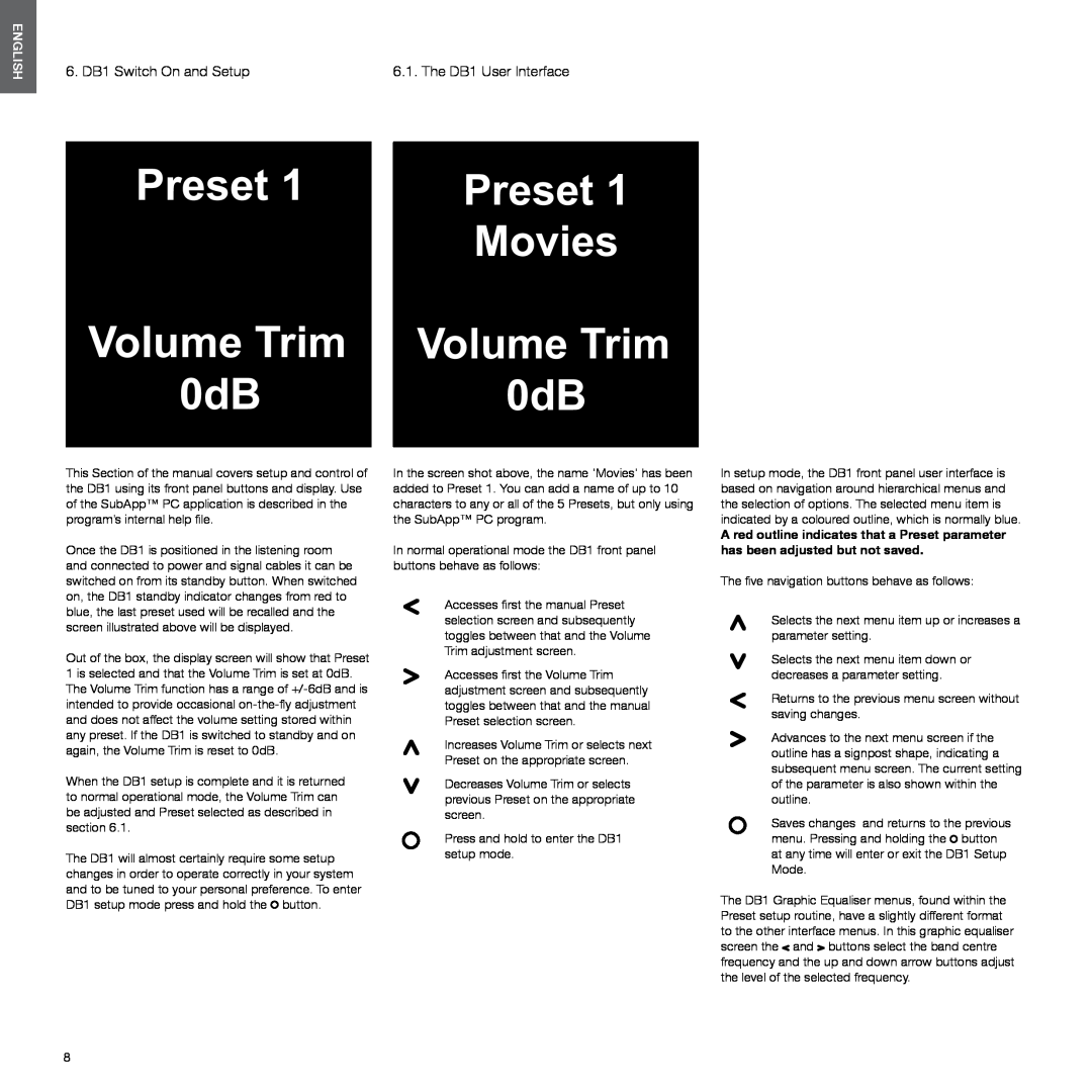 Bowers & Wilkins manual Preset Movies Volume Trim 0dB, 6. DB1 Switch On and Setup, English 