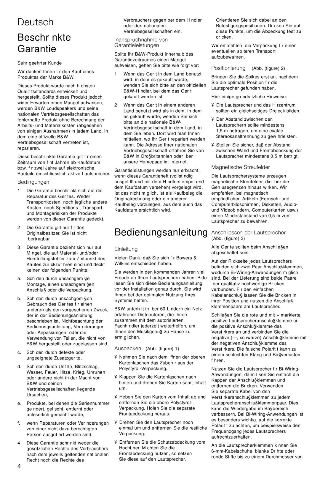 Bowers & Wilkins DM 604 S3 owner manual Deutsch, Beschränkte Garantie, Bedienungsanleitung 