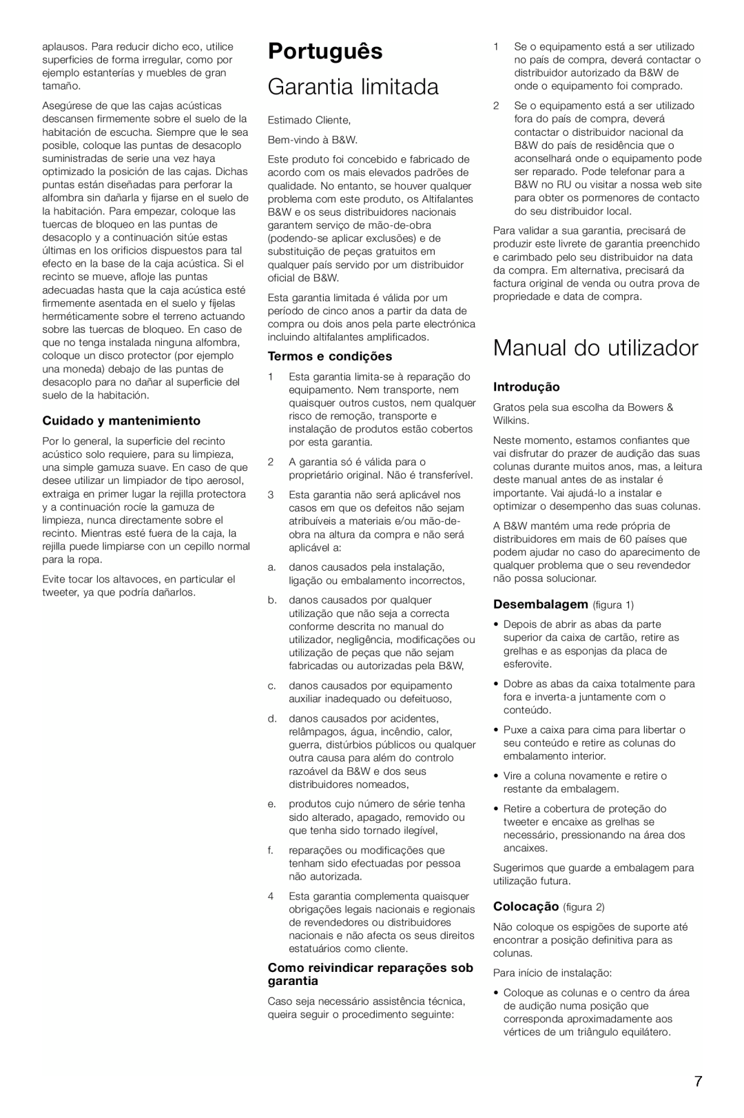 Bowers & Wilkins DM 604 S3 Português, Garantia limitada, Manual do utilizador, Cuidado y mantenimiento, Termos e condições 