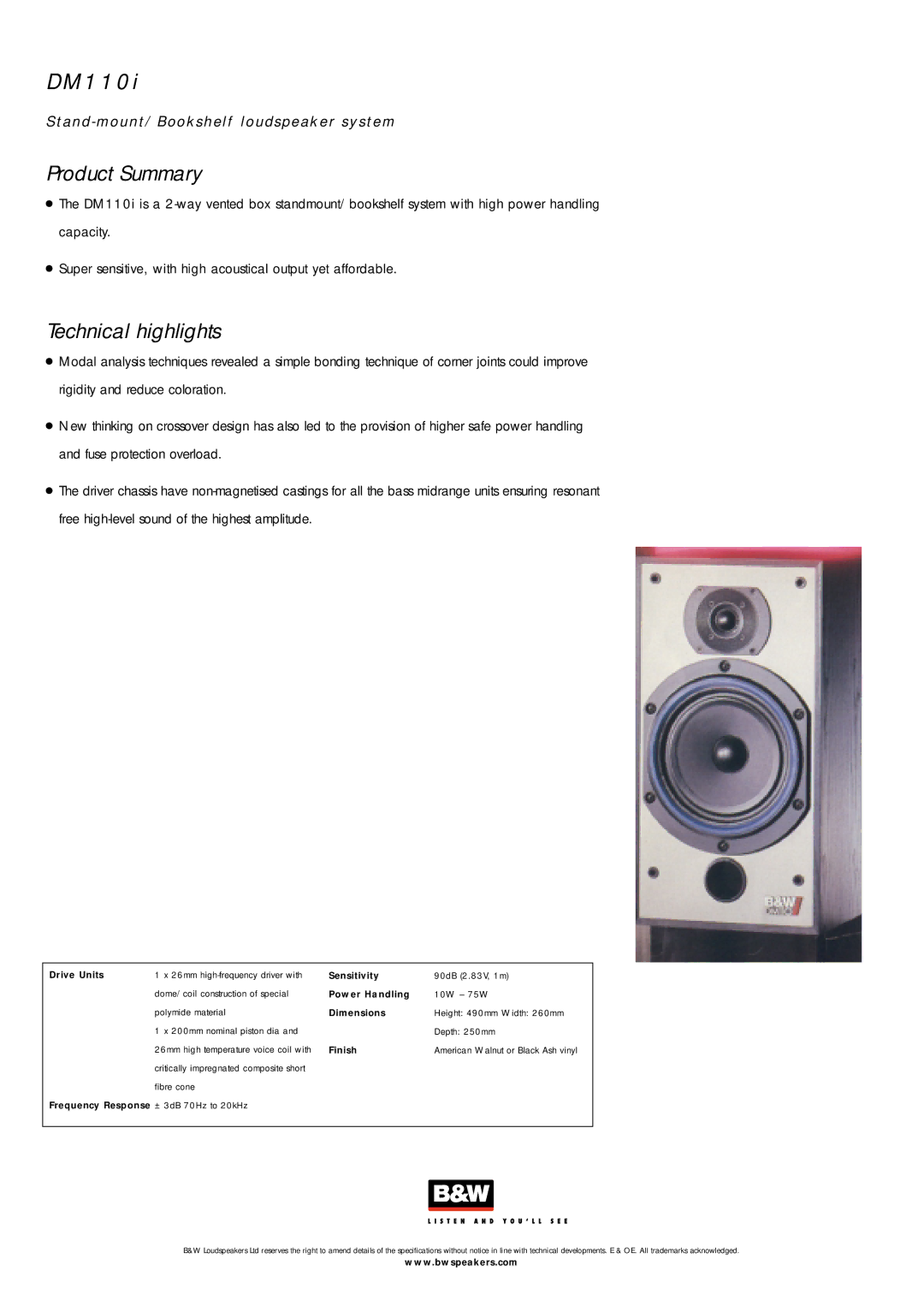 Bowers & Wilkins DM110i specifications 1 1 0, Technical highlights 