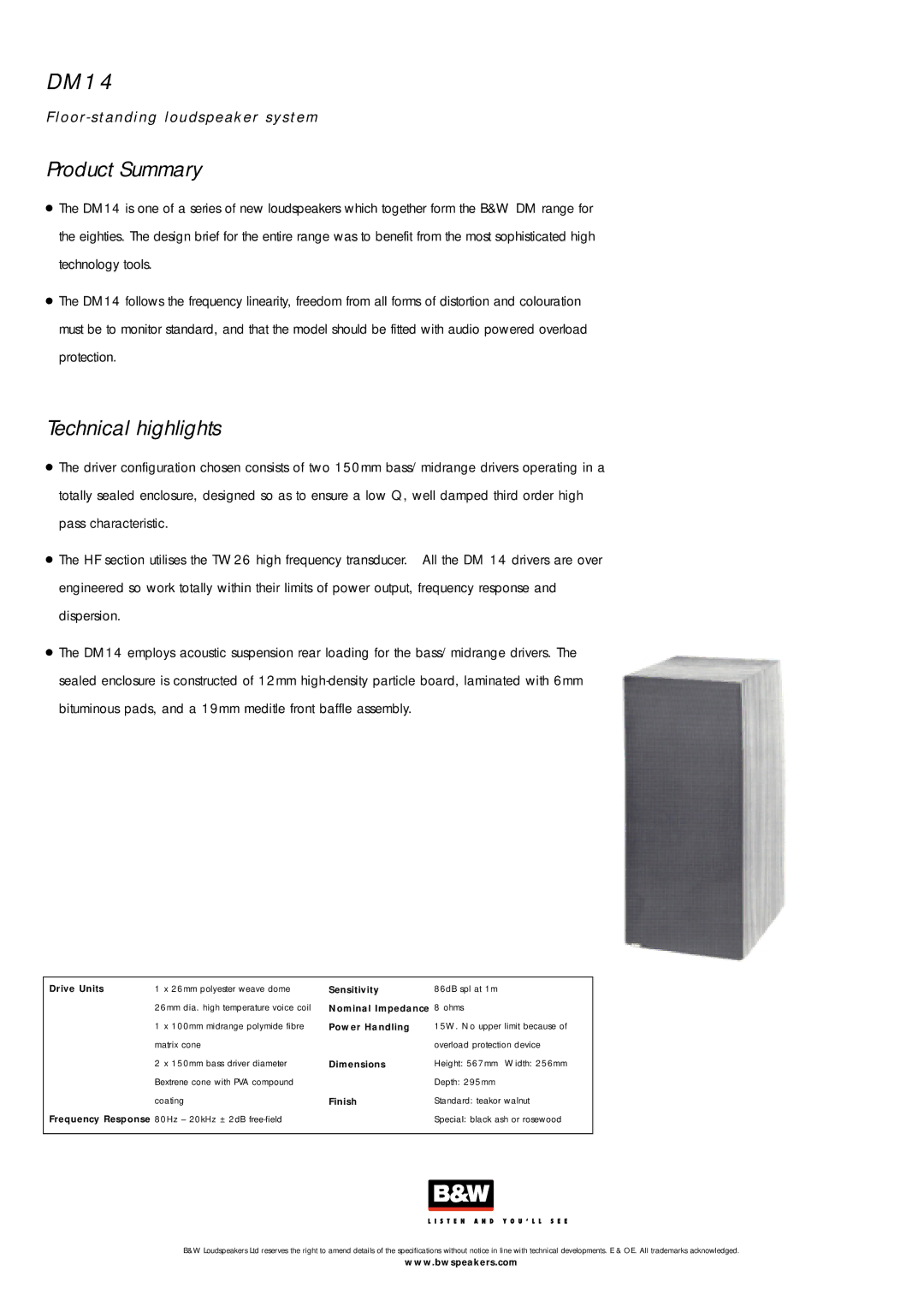 Bowers & Wilkins DM14 specifications Technical highlights 