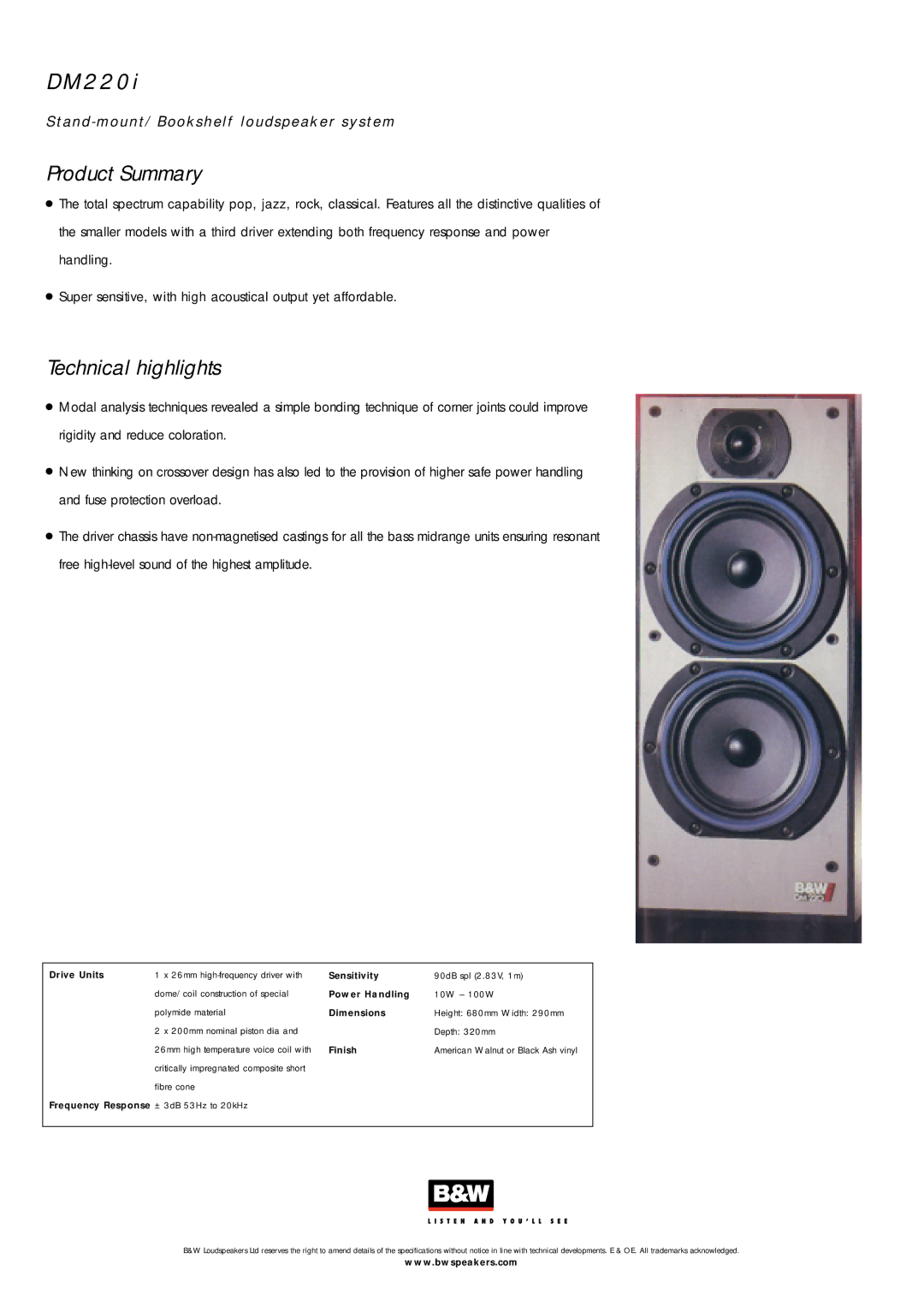 Bowers & Wilkins DM220i specifications 2 2 0, Technical highlights 