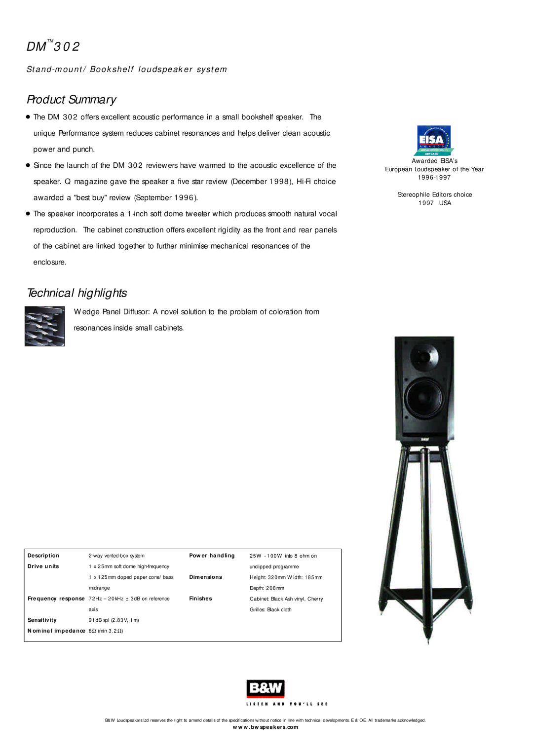 Bowers & Wilkins DM302 specifications Stand- mount/Books helf louds peaker system Product Summary, Technical highlights 