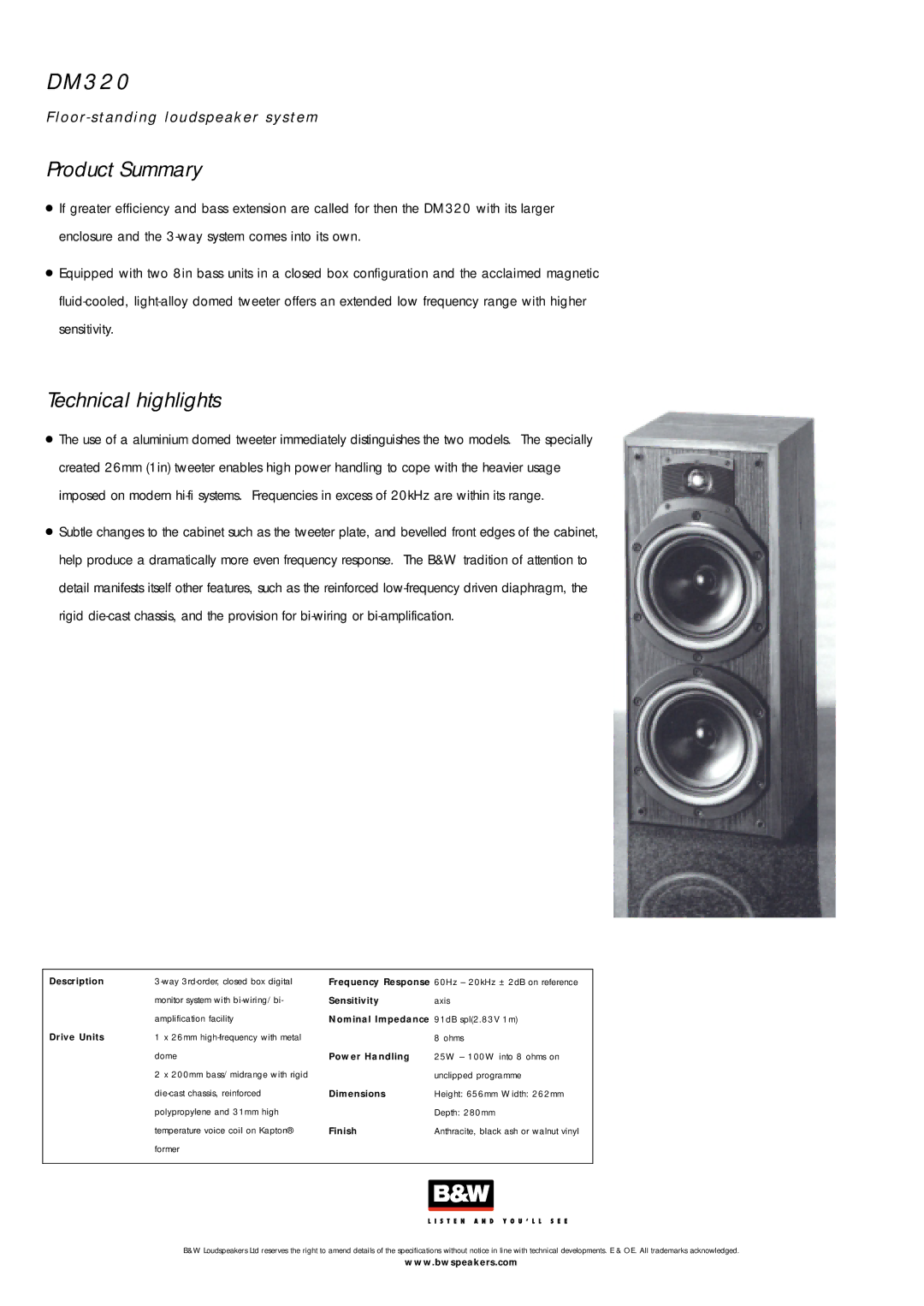 Bowers & Wilkins DM320 specifications 3 2, Technical highlights 