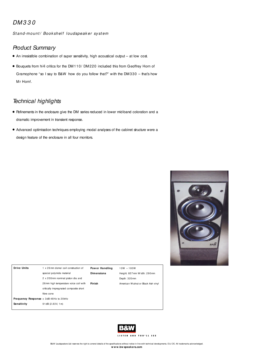 Bowers & Wilkins DM330 specifications 3 3, Technical highlights 