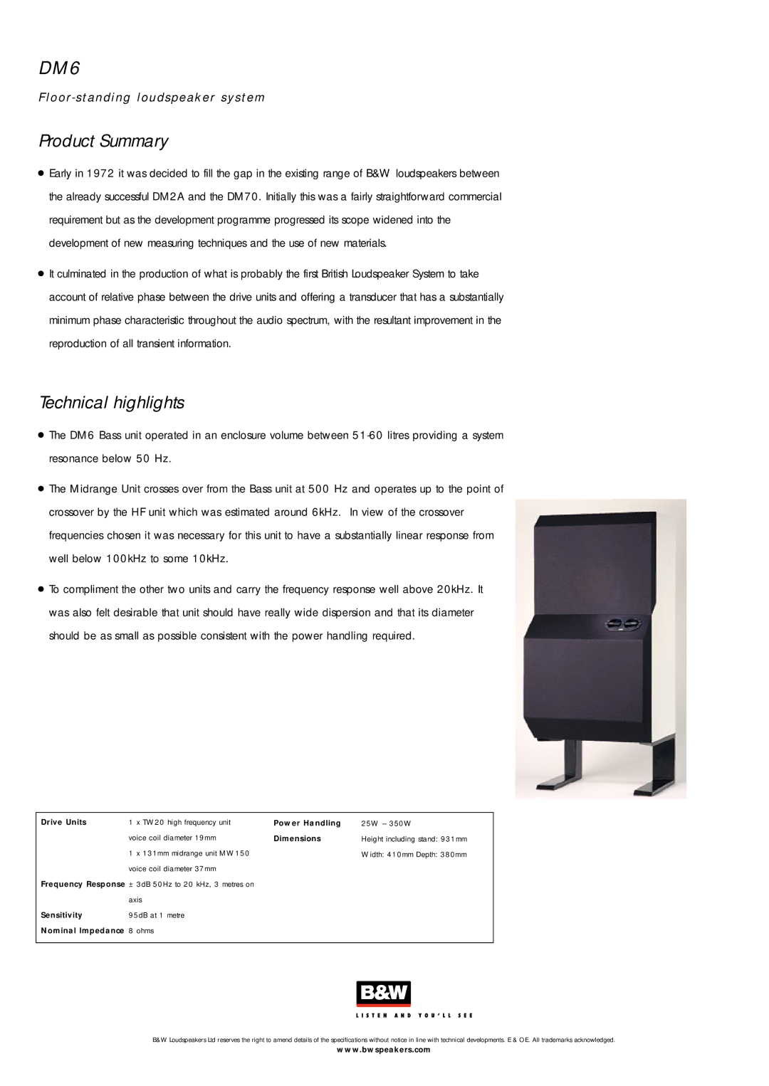 Bowers & Wilkins DM6 specifications Technical highlights 