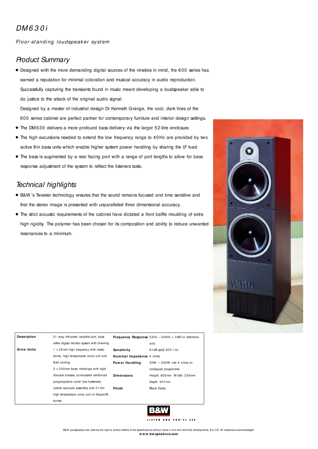 Bowers & Wilkins DM630i specifications 6 3 0, Technical highlights 