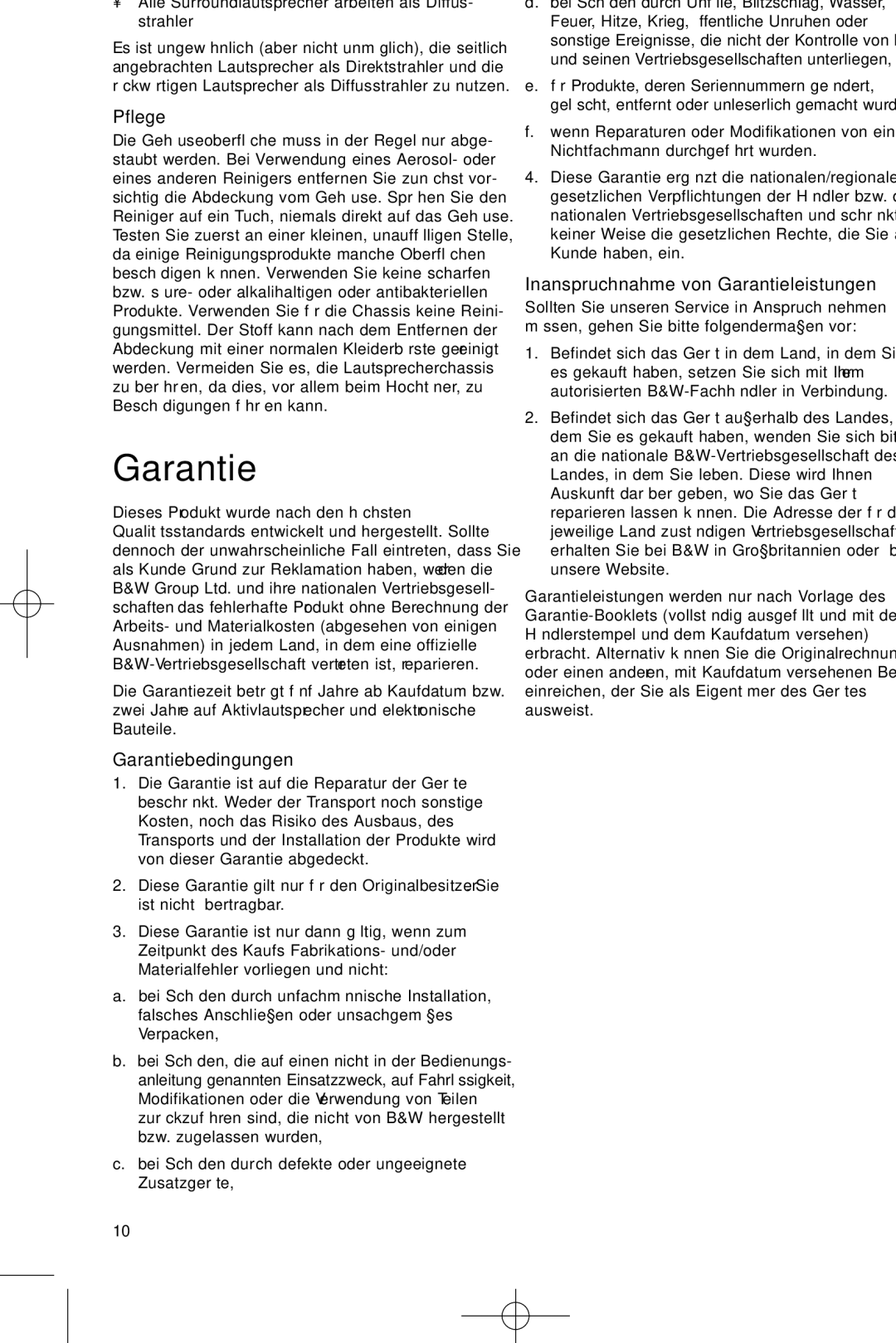 Bowers & Wilkins DS3 owner manual Pflege, Garantiebedingungen, Inanspruchnahme von Garantieleistungen 