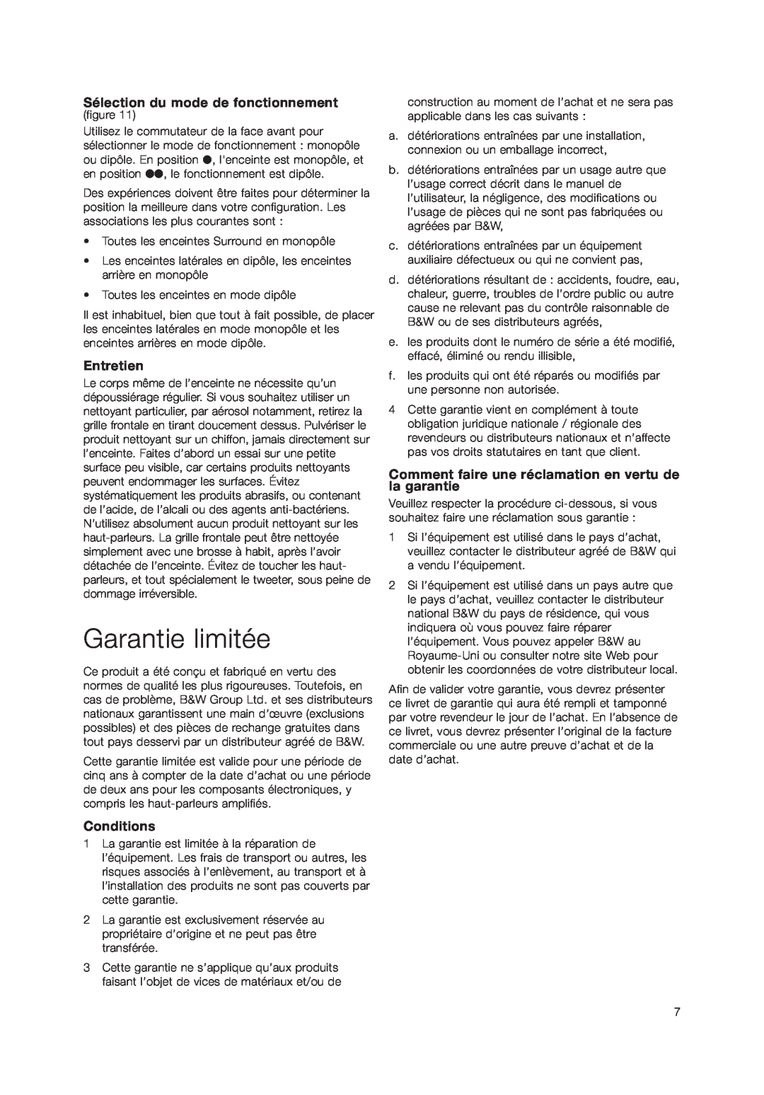 Bowers & Wilkins DS3 owner manual Garantie limitée, Sélection du mode de fonctionnement, Entretien, Conditions 