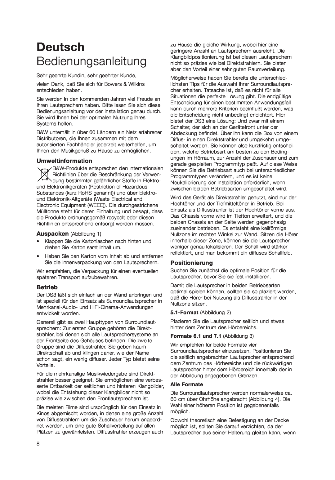 Bowers & Wilkins DS3 owner manual Deutsch, Bedienungsanleitung, Umweltinformation, Betrieb, Positionierung 