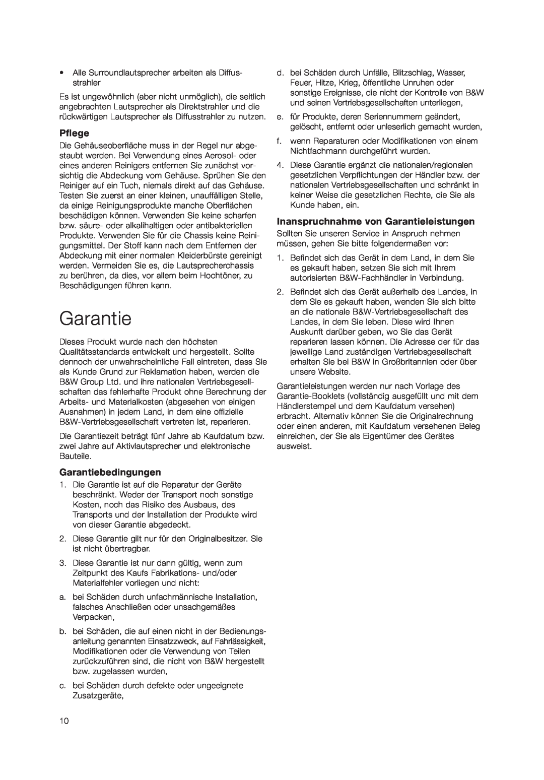 Bowers & Wilkins DS3 owner manual Pflege, Garantiebedingungen, Inanspruchnahme von Garantieleistungen 