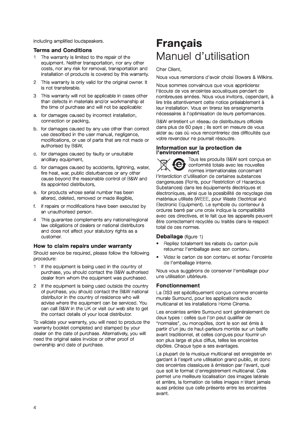 Bowers & Wilkins DS3 owner manual Français, Manuel d’utilisation, Terms and Conditions, How to claim repairs under warranty 