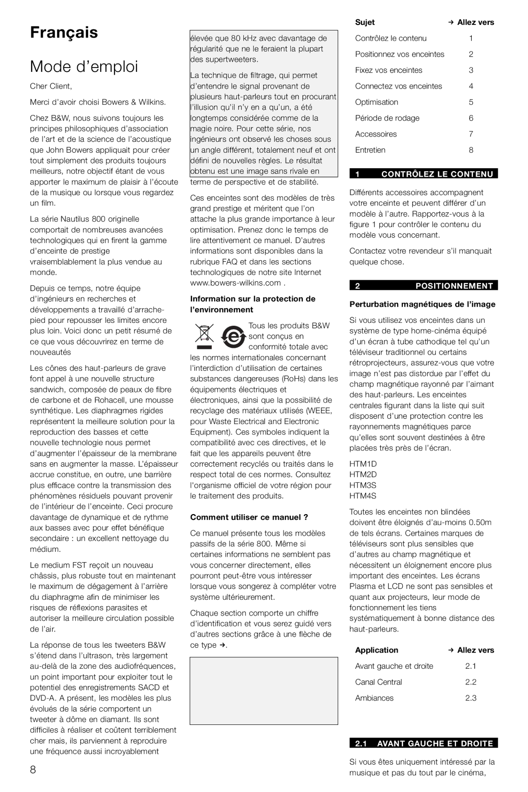 Bowers & Wilkins DS8S owner manual Français, Mode d’emploi, Contrôlez LE Contenu, 2POSITIONNEMENT, Avant Gauche ET Droite 