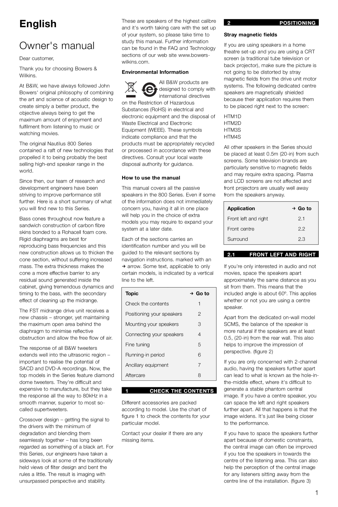 Bowers & Wilkins DS8S owner manual English, Check the Contents, 2POSITIONING, Front Left and Right 