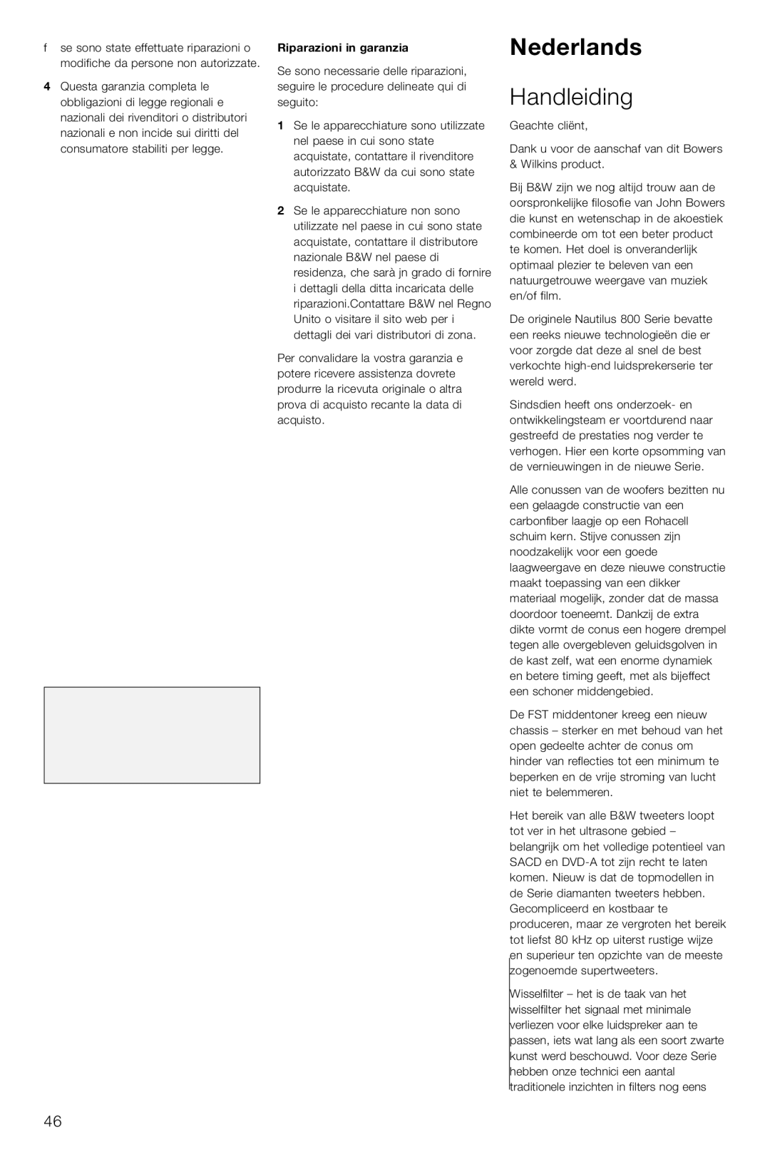 Bowers & Wilkins DS8S owner manual Nederlands, Handleiding, Riparazioni in garanzia 