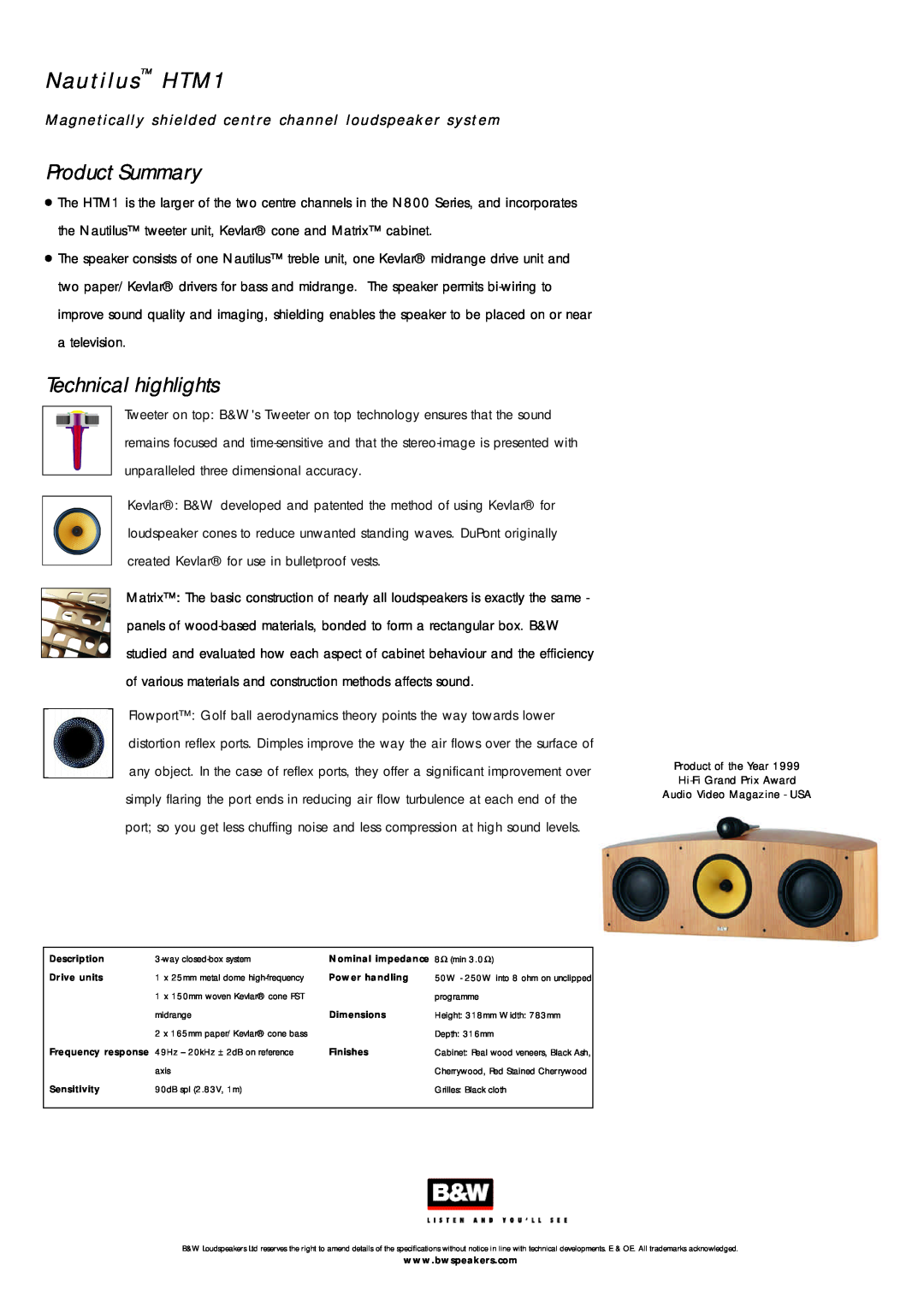 Bowers & Wilkins specifications Nau tilu s HTM1, Product Summary, Technical highlights 