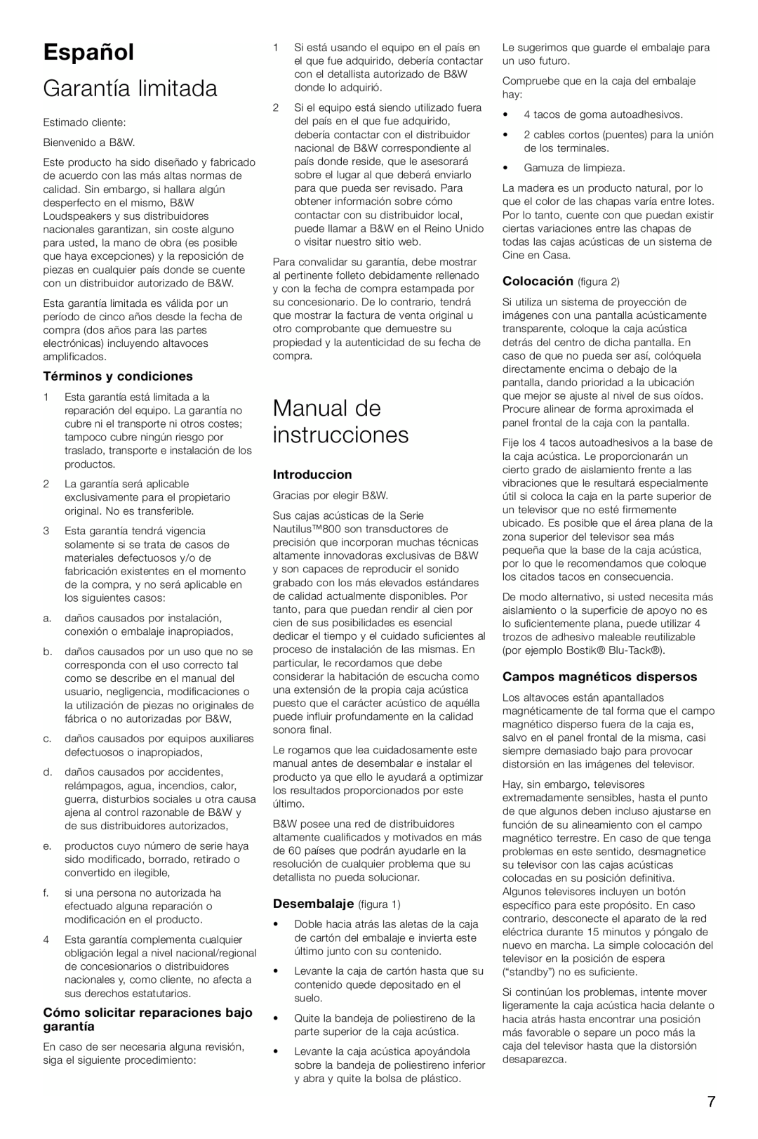Bowers & Wilkins HTM1 Español, Garantía limitada, Manual de instrucciones, Colocación figura, Términos y condiciones 