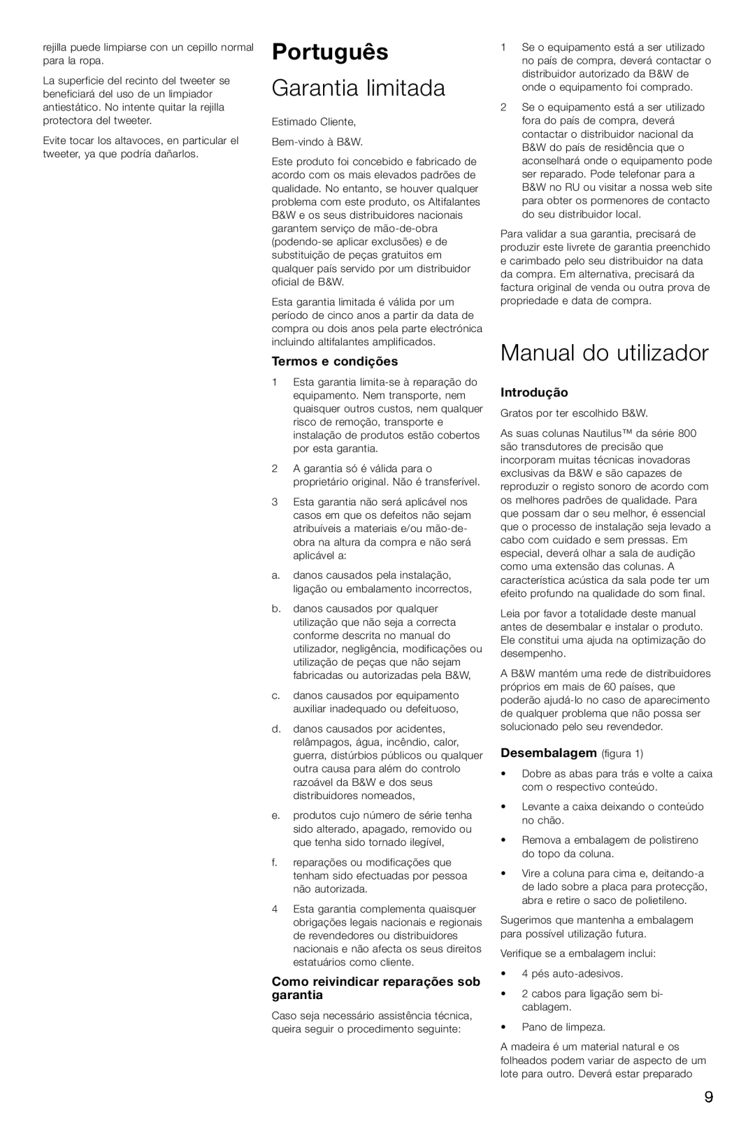 Bowers & Wilkins HTM1 owner manual Português, Garantia limitada, Manual do utilizador, Termos e condições, Introdução 