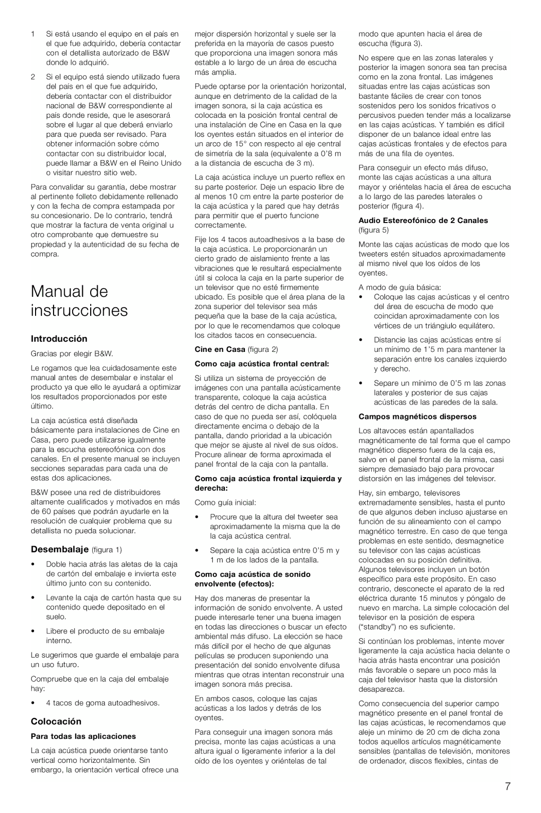 Bowers & Wilkins LCR3 owner manual Manual de instrucciones, Introducción, Desembalaje figura, Colocación 