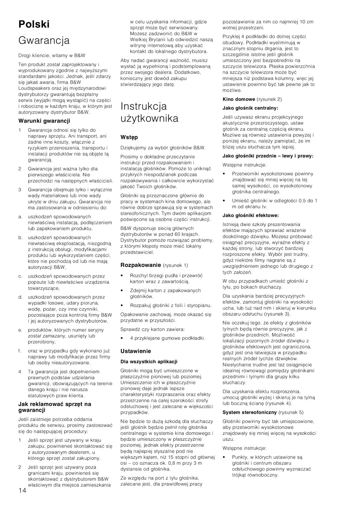 Bowers & Wilkins LCR3 owner manual Polski, Gwarancja, Instrukcja uÃytkownika 