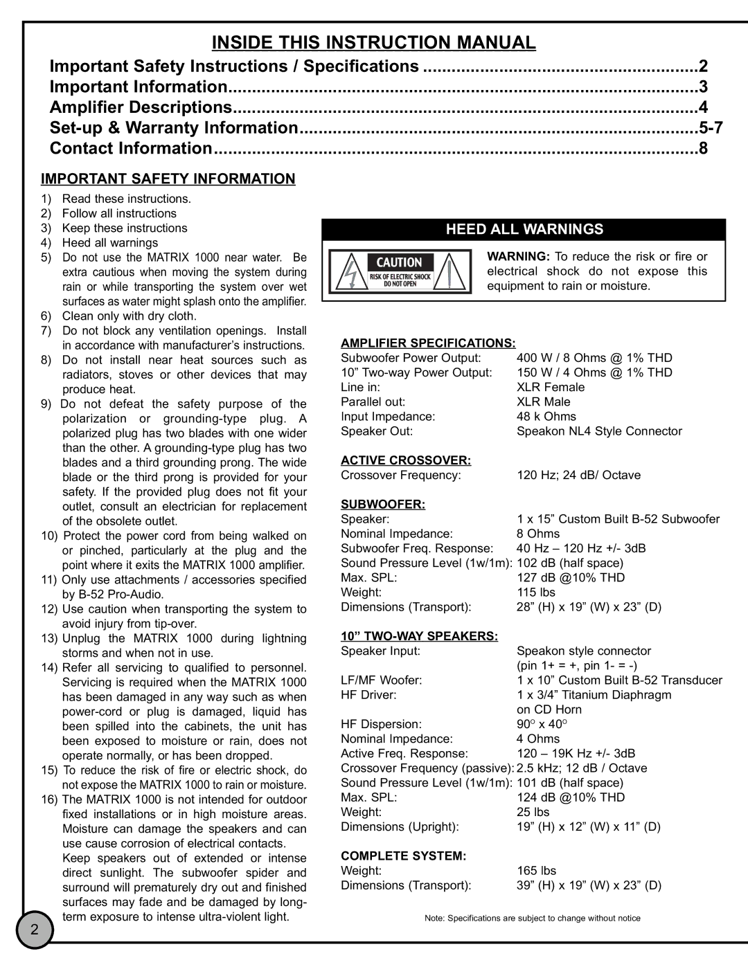 Bowers & Wilkins MATRIX 1000 manual Important Safety Information, Clean only with dry cloth 