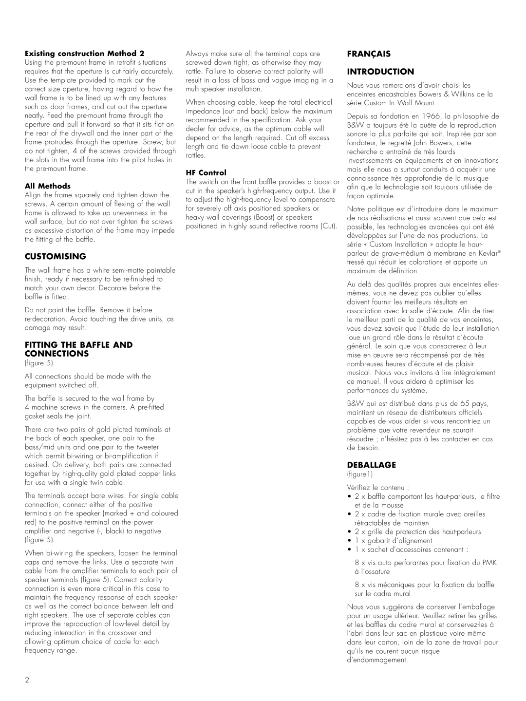 Bowers & Wilkins Sig7-NT owner manual Customising, Fitting the Baffle Connections, Français Introduction, Deballage 