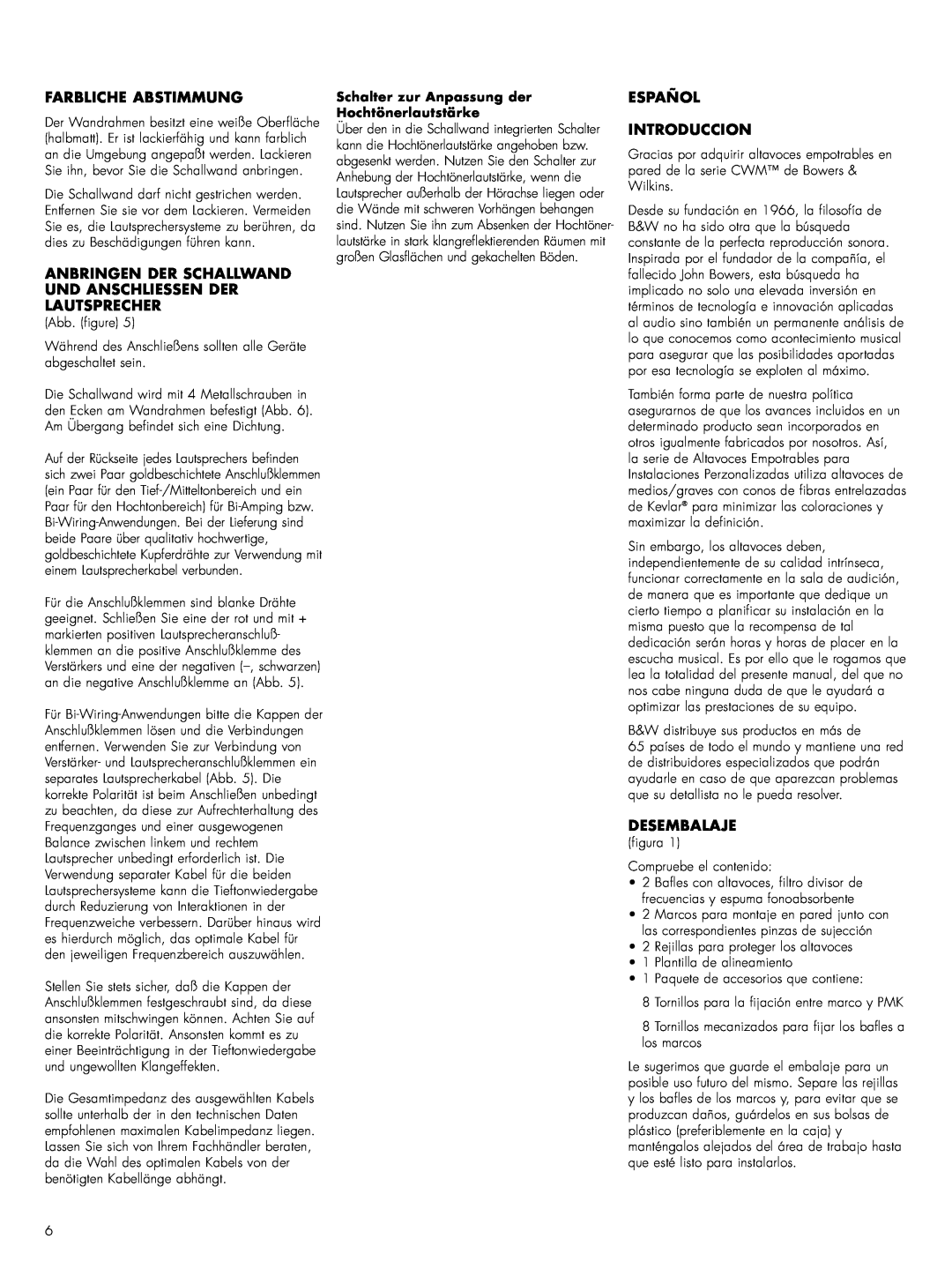Bowers & Wilkins Sig7-NT owner manual Farbliche Abstimmung, Español Introduccion, Desembalaje 