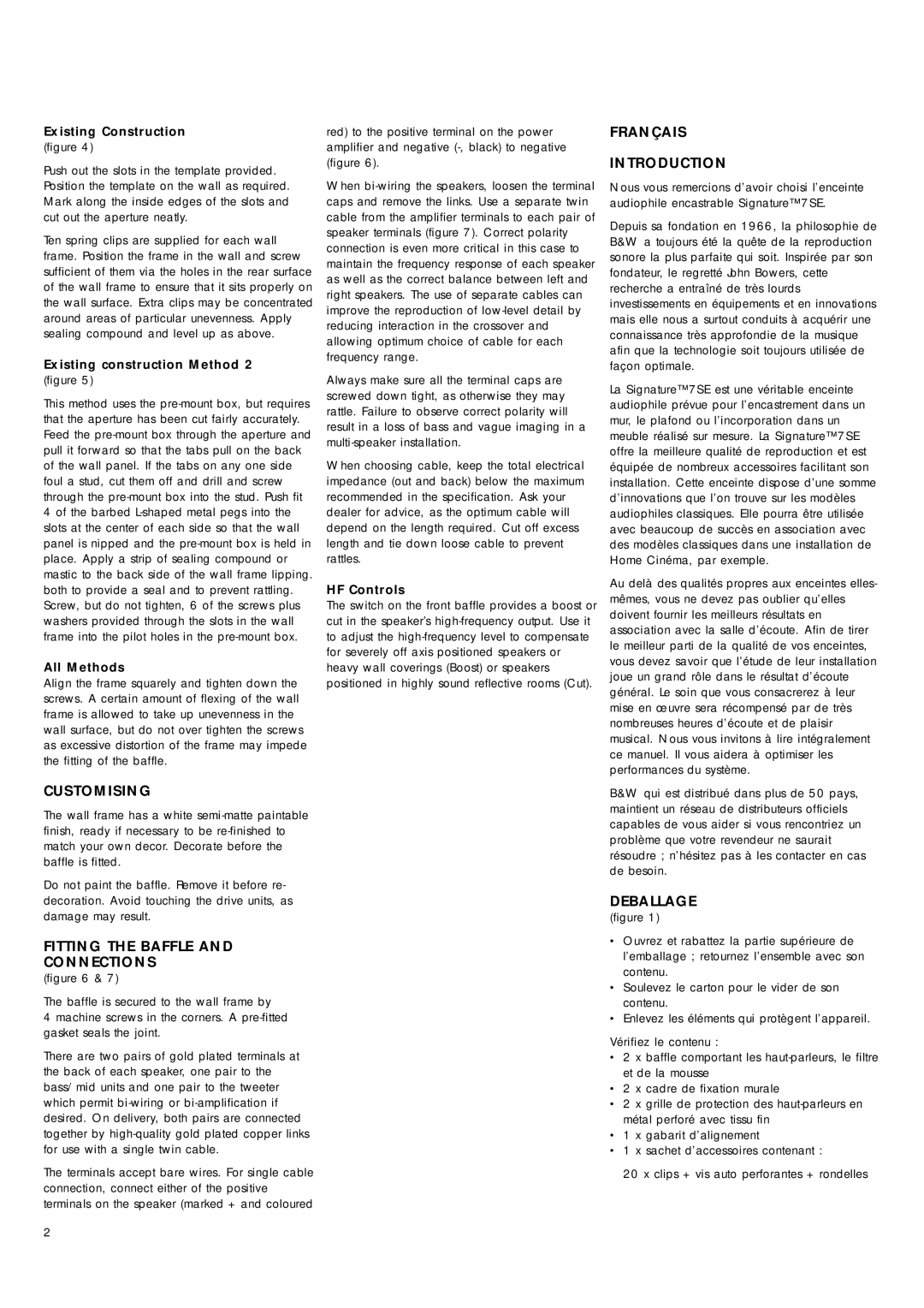 Bowers & Wilkins Signature 7SE owner manual Customising, Fitting the Baffle Connections, Français Introduction, Deballage 