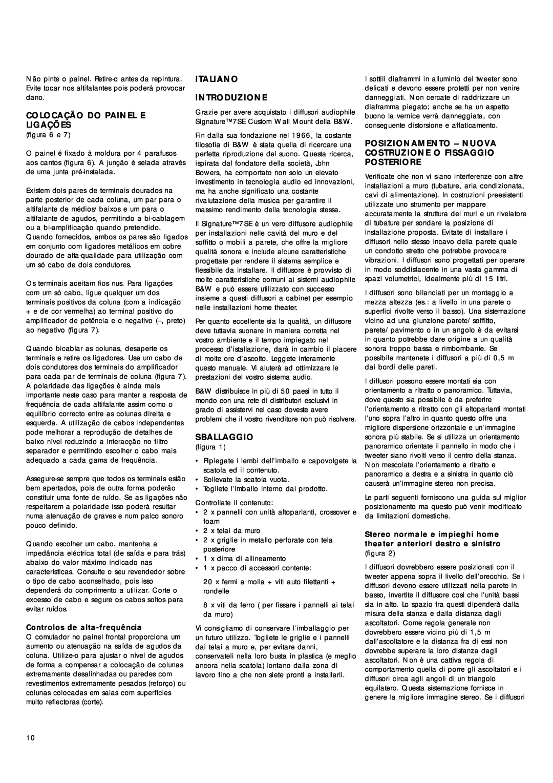 Bowers & Wilkins Signature 7SE owner manual Colocação Do Painel E Ligações, Italiano Introduzione, Sballaggio 