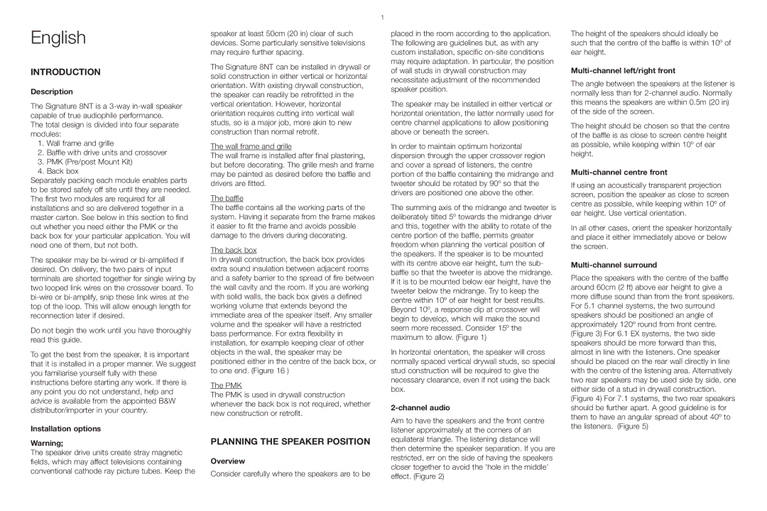 Bowers & Wilkins Signature 8NT installation instructions English, Introduction, Planning the Speaker Position 