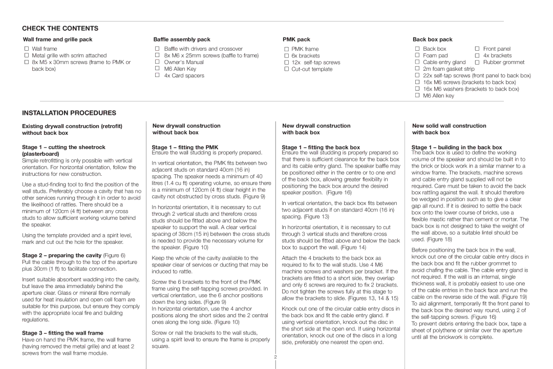 Bowers & Wilkins Signature 8NT installation instructions Check the Contents, Installation Procedures 