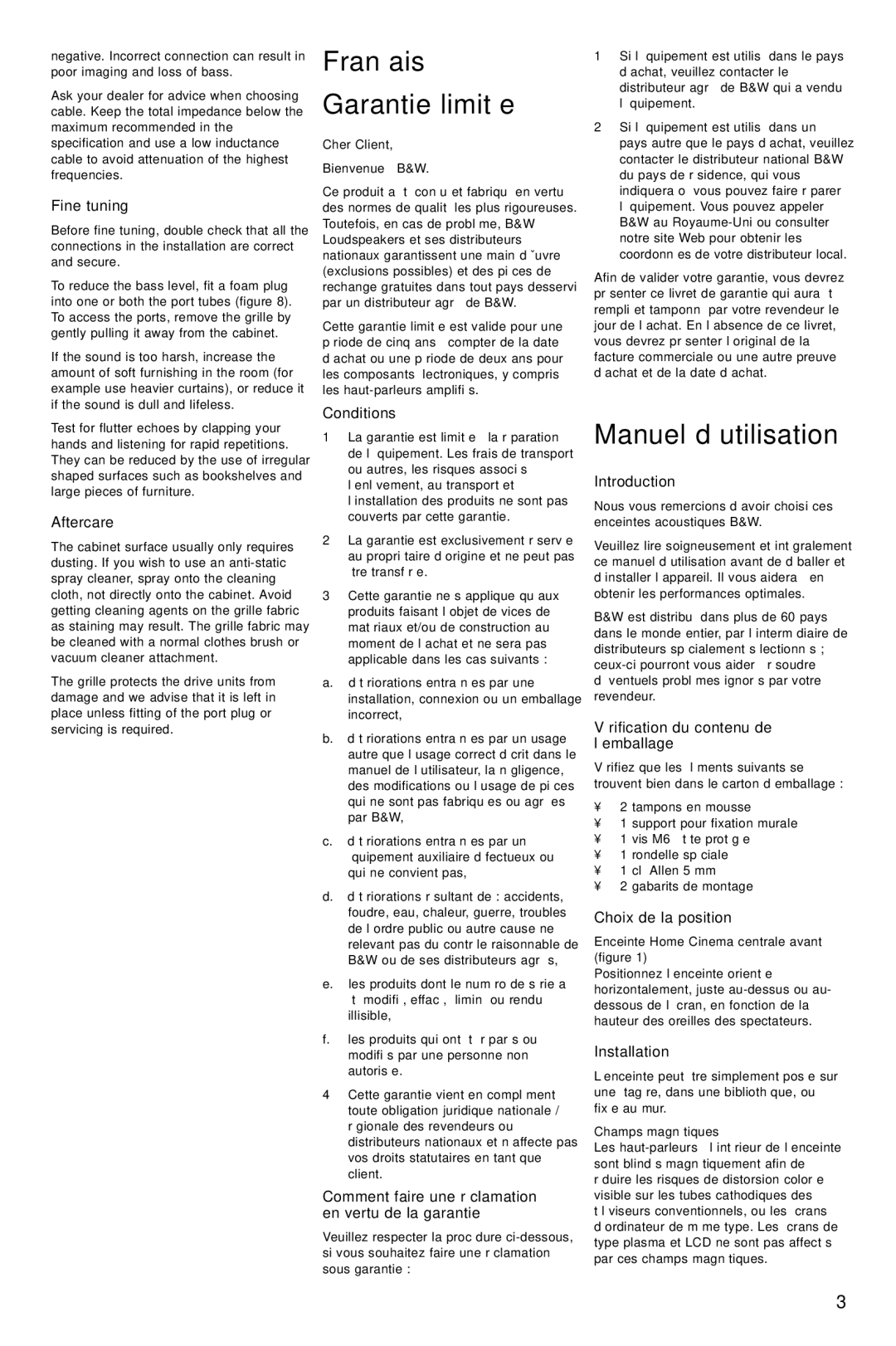 Bowers & Wilkins Speaker owner manual Français, Garantie limitée, Manuel d’utilisation 