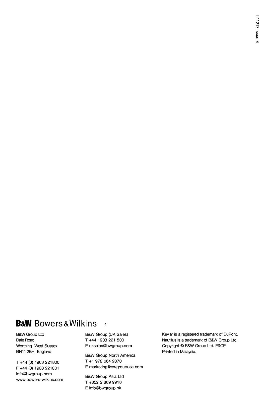 Bowers & Wilkins VM6 manual II11217 Issue, BN11 2BH England, B&W Group UK Sales T +44, B&W Group North America T +1 