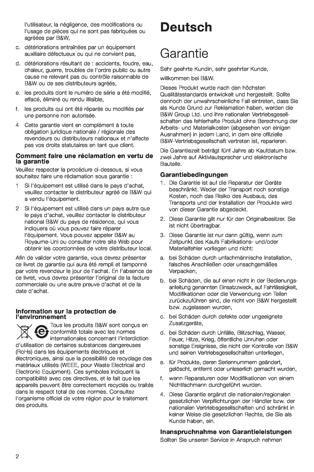 Bowers & Wilkins VM6 manual Deutsch, Information sur la protection de l’environnement, Garantiebedingungen 