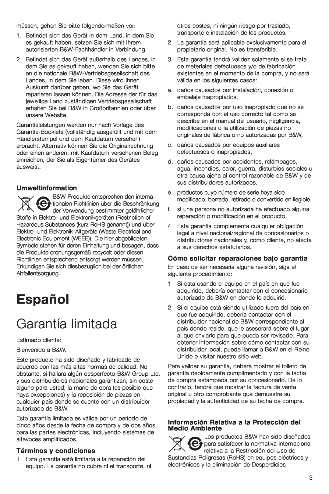 Bowers & Wilkins VM6 manual Español, Garantía limitada, Umweltinformation, Términos y condiciones 