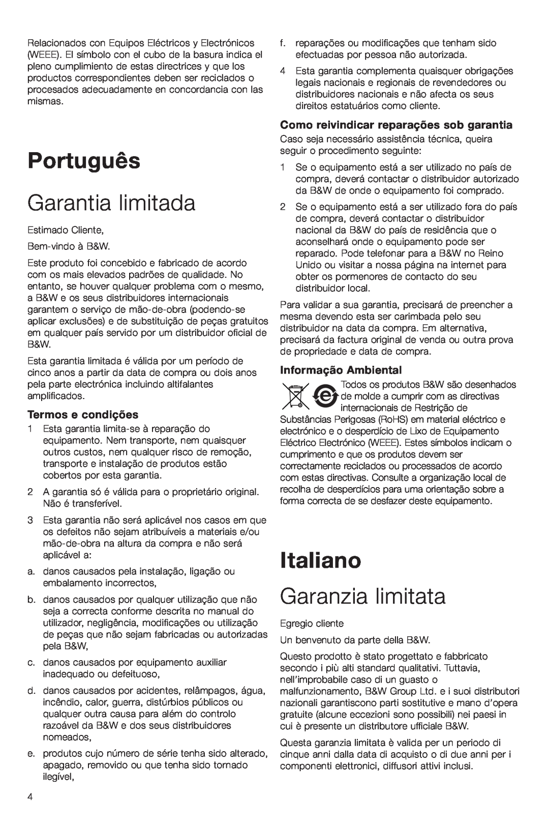 Bowers & Wilkins VM6 Português, Garantia limitada, Italiano, Garanzia limitata, Termos e condições, Informação Ambiental 