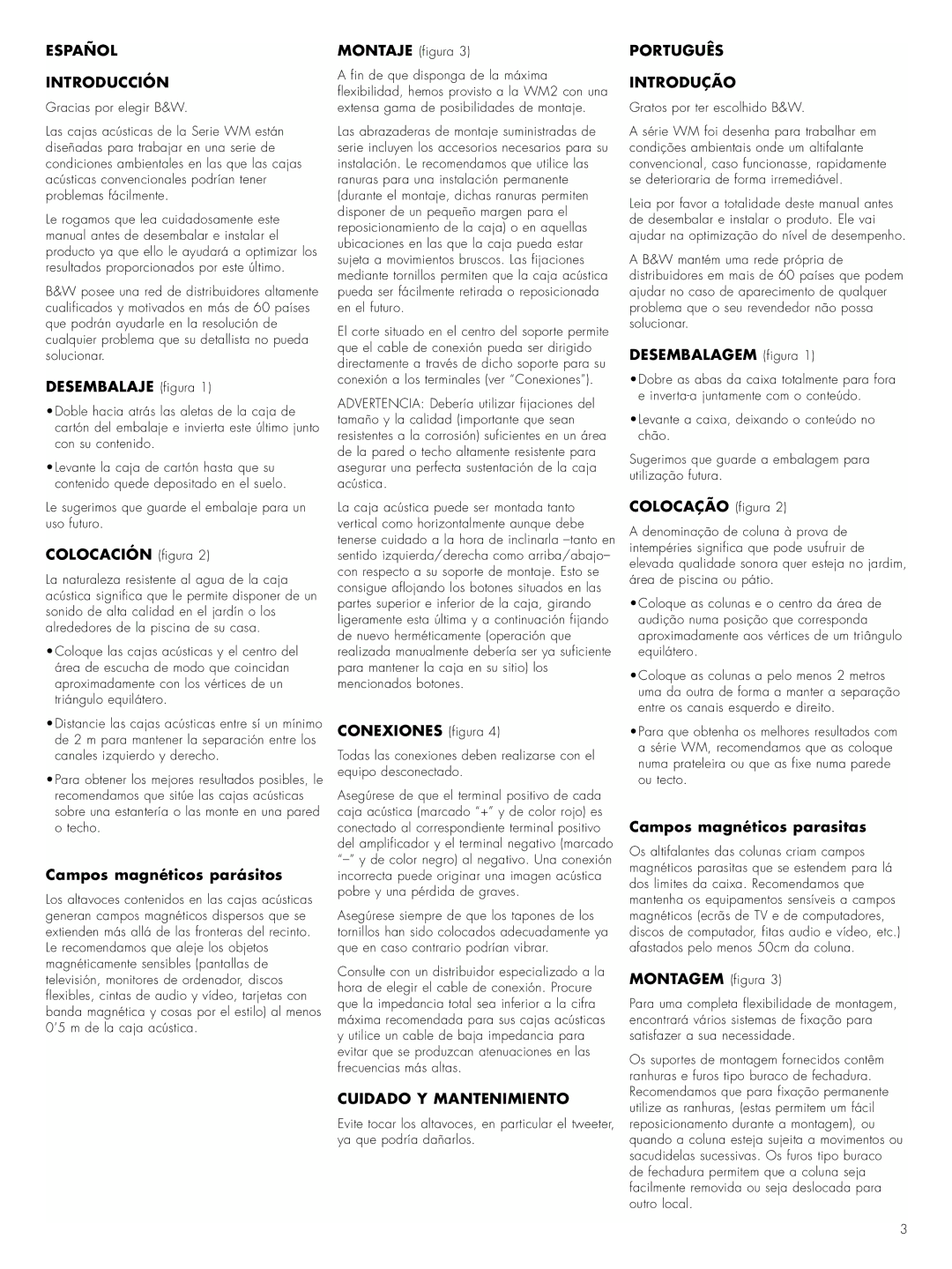 Bowers & Wilkins WM 2 owner manual Español Introducción, Cuidado Y Mantenimiento, Português Introdução 