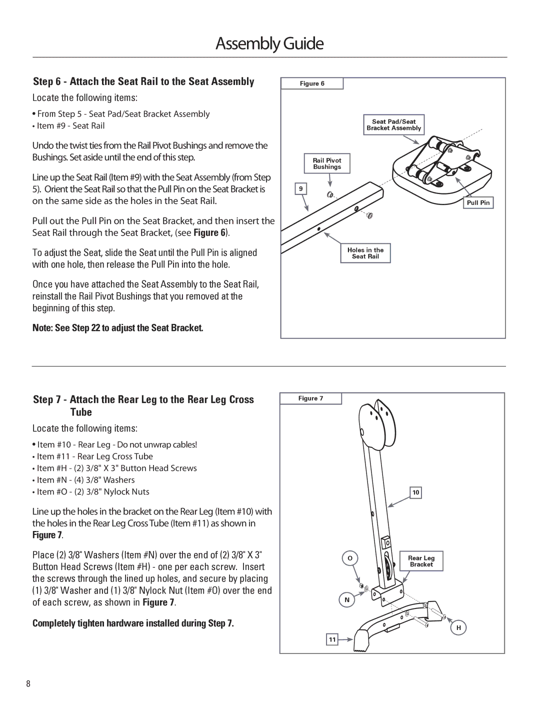 Bowflex 001-6961 manual Attach the Seat Rail to the Seat Assembly, Attach the Rear Leg to the Rear Leg Cross Tube 