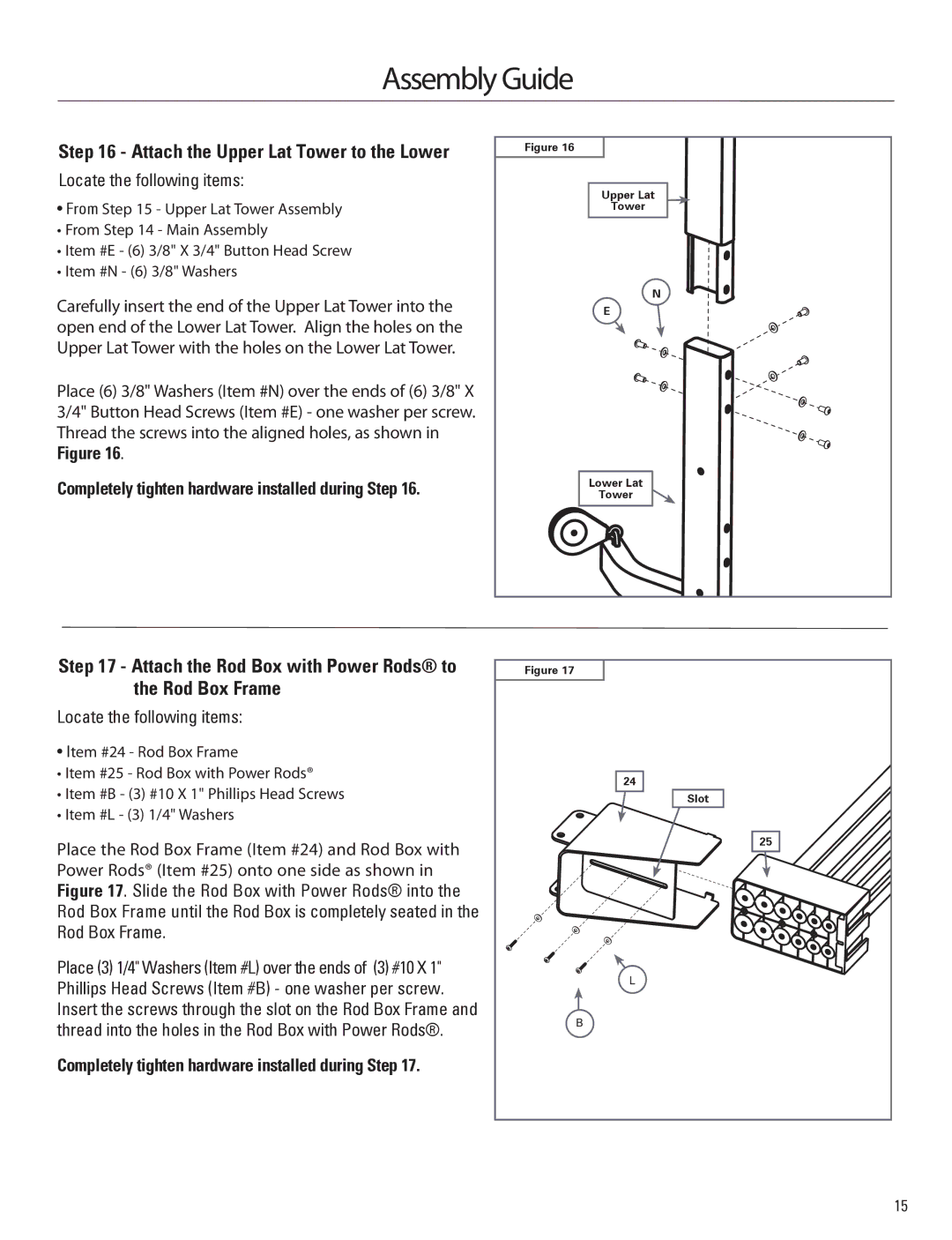 Bowflex 001-6961 manual Attach the Upper Lat Tower to the Lower, Attach the Rod Box with Power Rods to the Rod Box Frame 