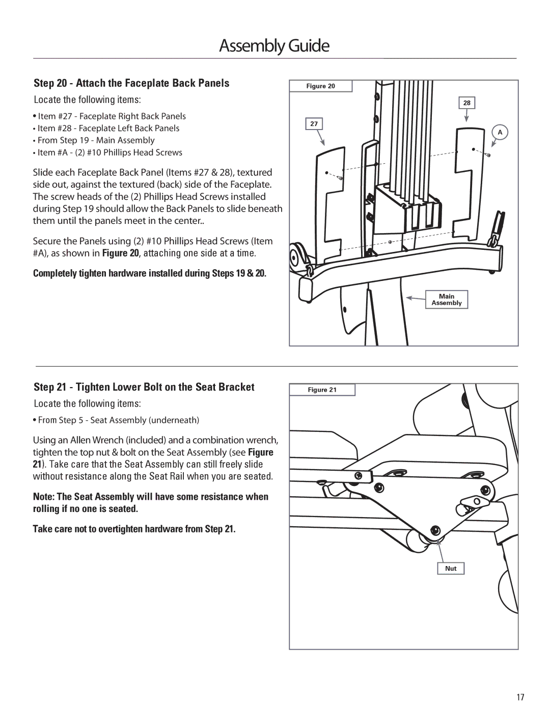 Bowflex 001-6961 manual Attach the Faceplate Back Panels, Tighten Lower Bolt on the Seat Bracket 