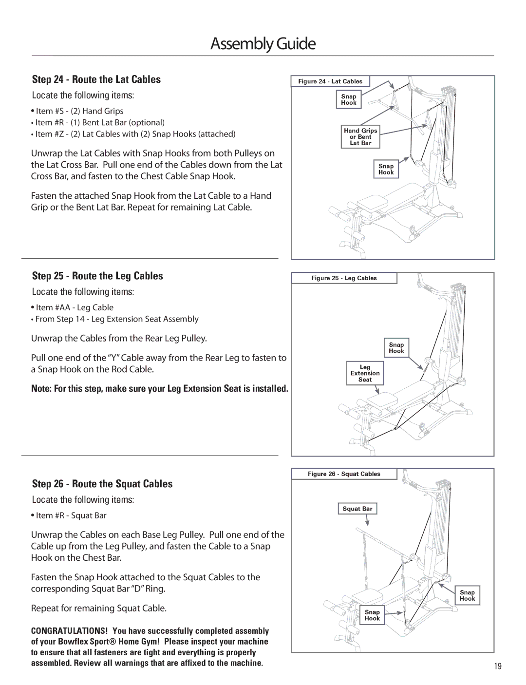 Bowflex 001-6961 Route the Lat Cables, Route the Leg Cables, Route the Squat Cables, Repeat for remaining Squat Cable 