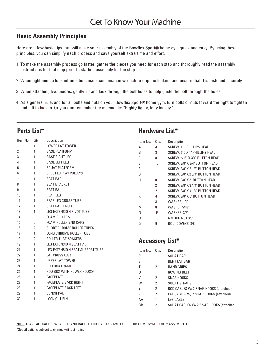 Bowflex 001-6961 manual Basic Assembly Principles 