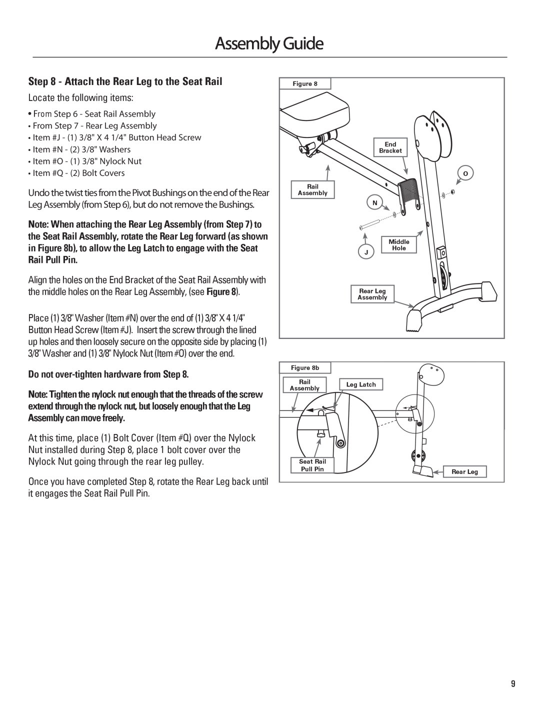 Bowflex 001-6961 manual Attach the Rear Leg to the Seat Rail, Assembly Guide, Rail Pull Pin, Assembly can move freely 