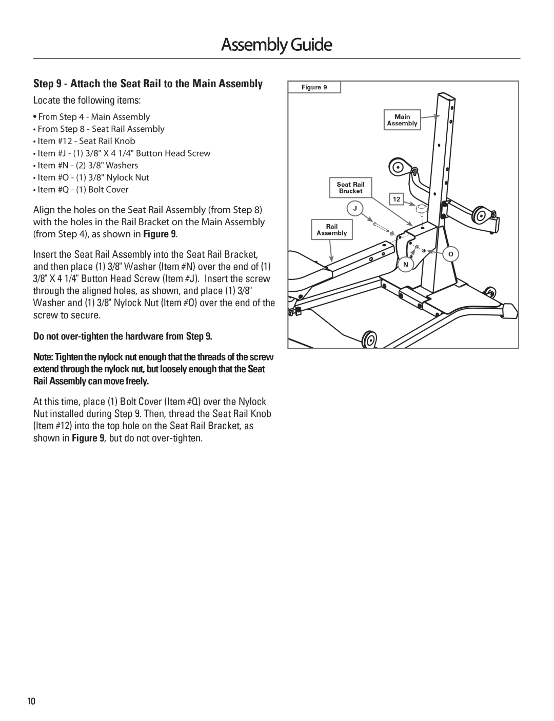 Bowflex 001-6961 Attach the Seat Rail to the Main Assembly, Assembly Guide, Do not over-tighten the hardware from Step 