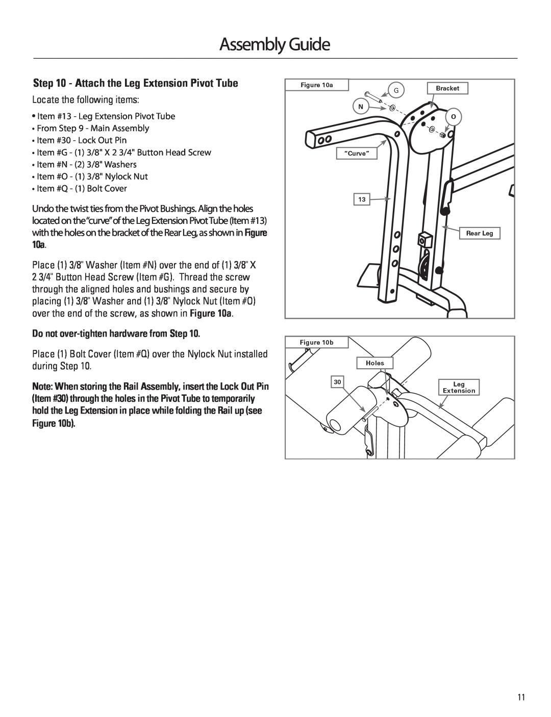 Bowflex 001-6961 manual Assembly Guide, Attach the Leg Extension Pivot Tube, Do not over-tighten hardware from Step 